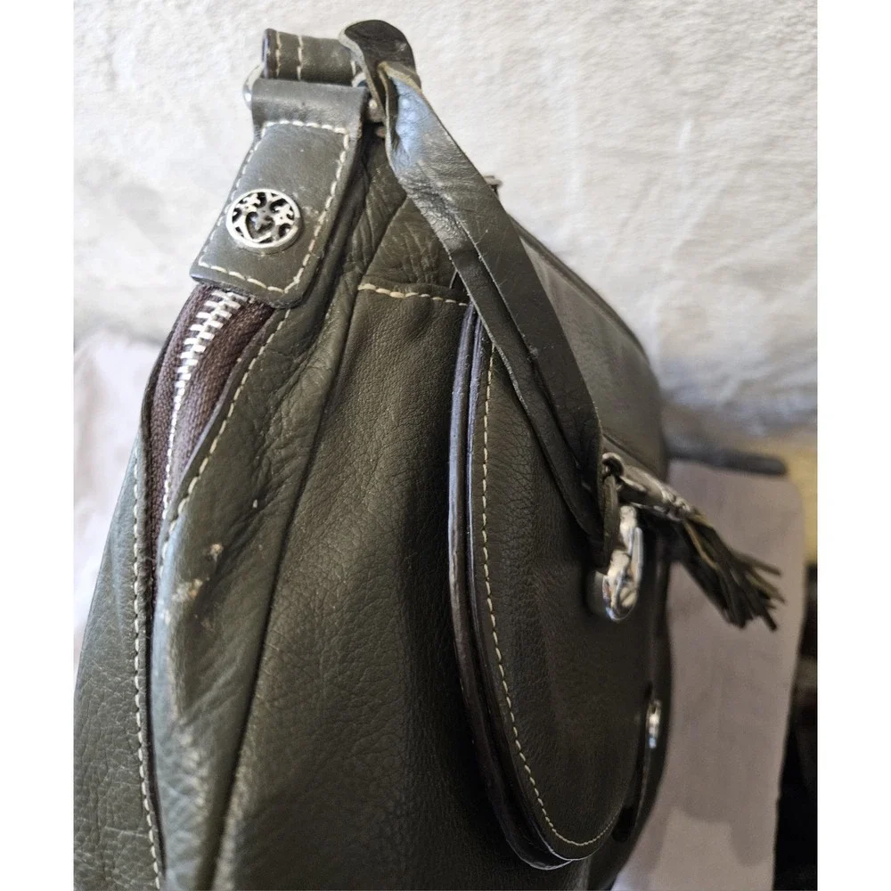 BRIGHTON Olive Green Leather Expandable Hobo Shoulder Bag Tassel Zip Heart Charm